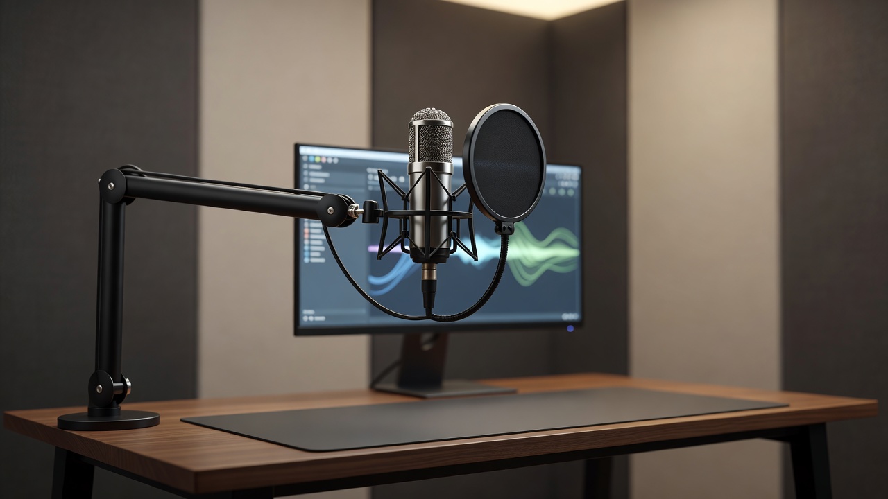 Professional Studio Microphone setup used for Descript AI audio editing